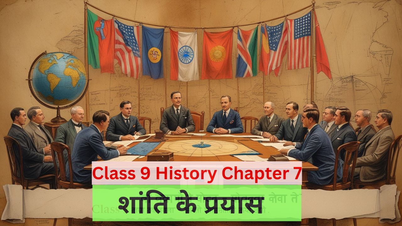 Illustration of peace efforts after World War I with international delegates at a conference table – Class 9 History Chapter 7 thumbnail for Bihar Board students