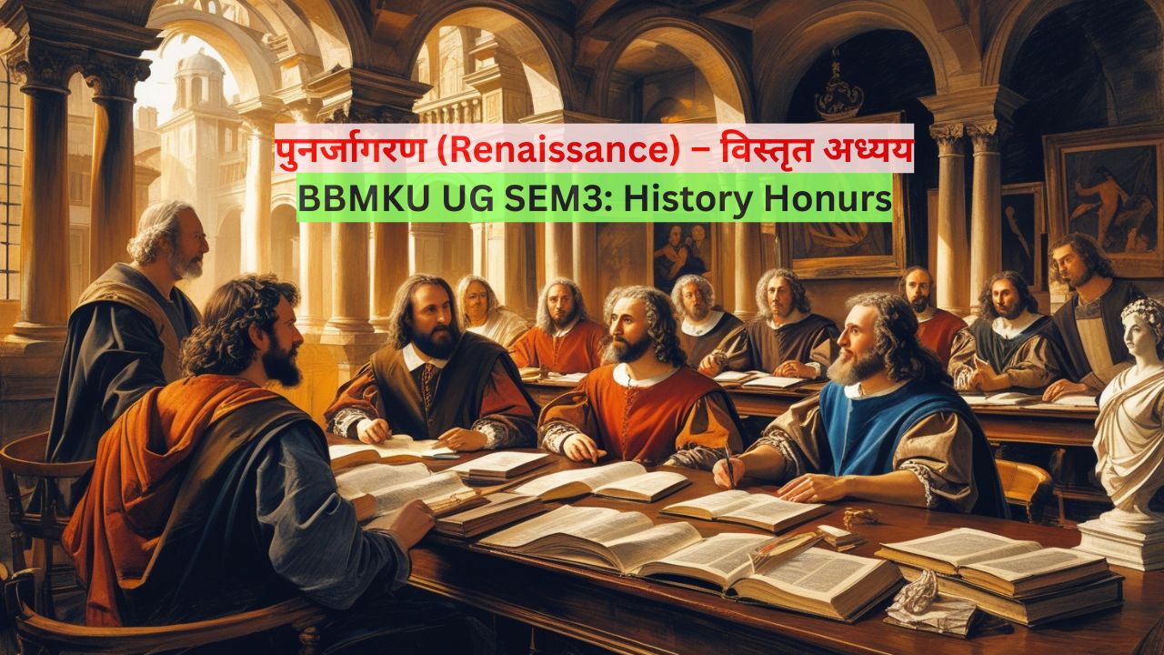 Realistic depiction of Renaissance thinkers like Leonardo da Vinci and Michelangelo in a historical classroom for BA History blog